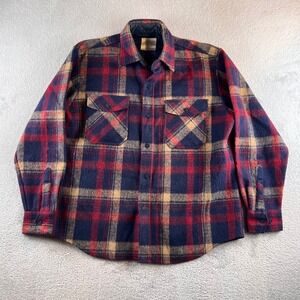 VTG Michael Richards Plaid Flannel Shirt Mens L Navy Red Wool Blend Heavy Camp